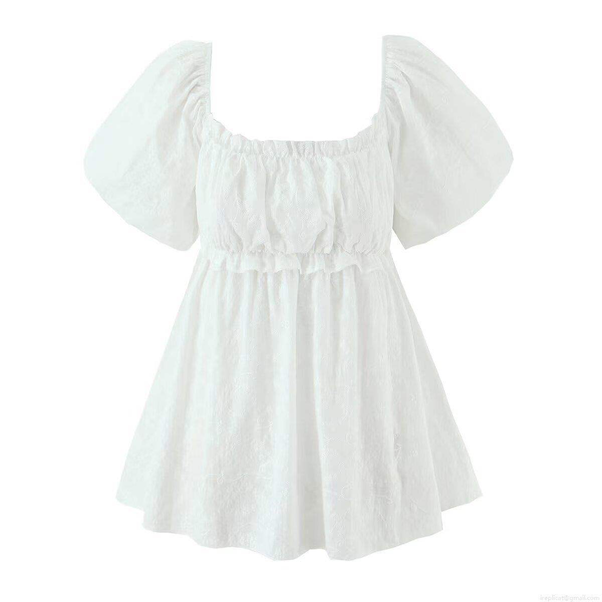 French Retro White Cotton Embroidery Blouse Square Neck Puff Sleeve Smocked Babydoll Shirt Sweet Summer Floral Tops For Women