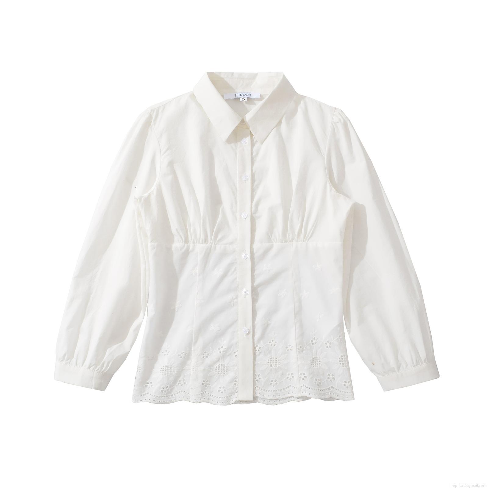 Women Long Sleeve Shirt Polyester Solid White Lapel Button Down Embroidery Hollow Hem Blouse Casual Streetwear Top Autumn Ladies Clothing