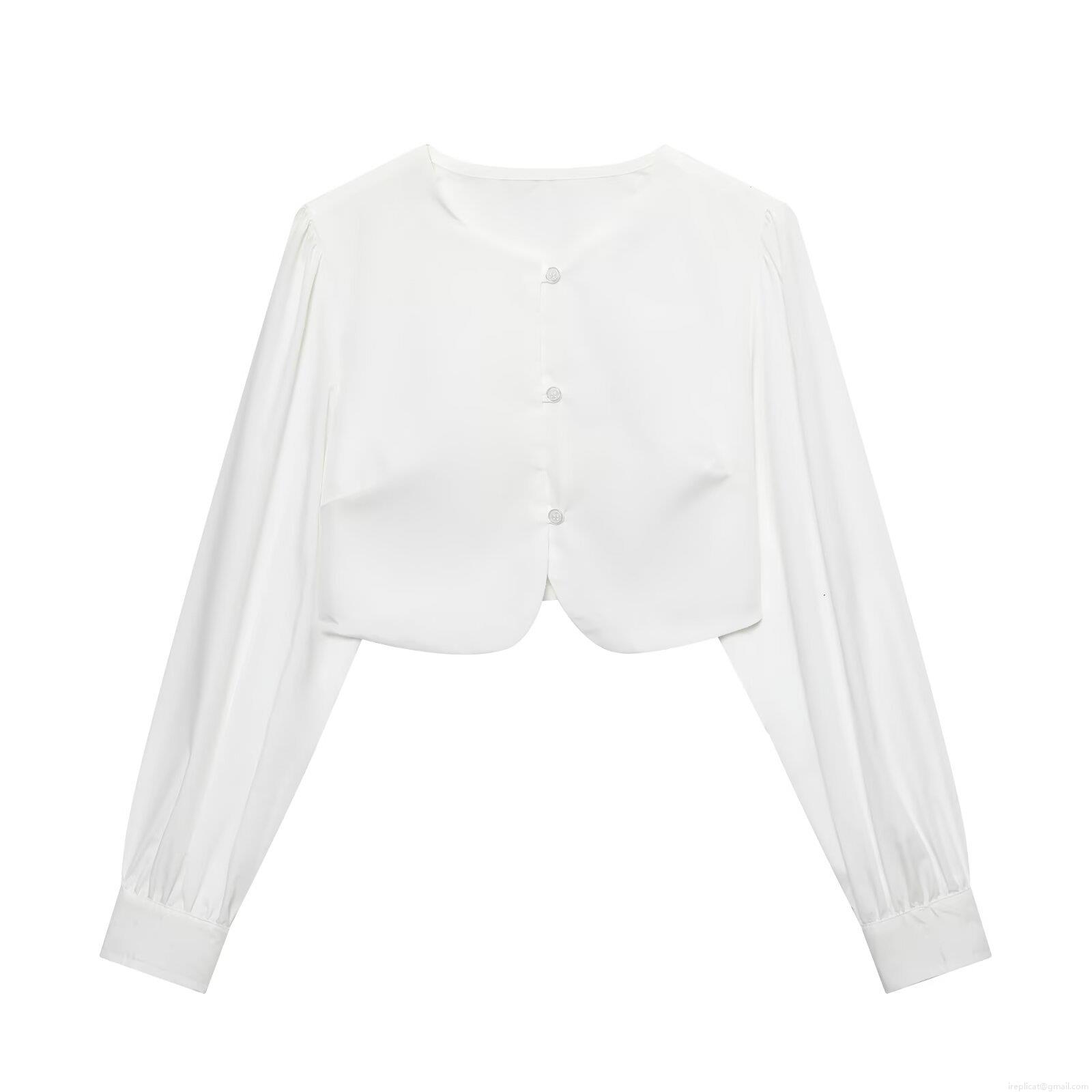 Women Round Neck Long Sleeve Cropped Shirt Elegant Curved Hem Button Up Top Solid Color Polyester Blouse For Spring Autumn Daily Dating Party Outfits