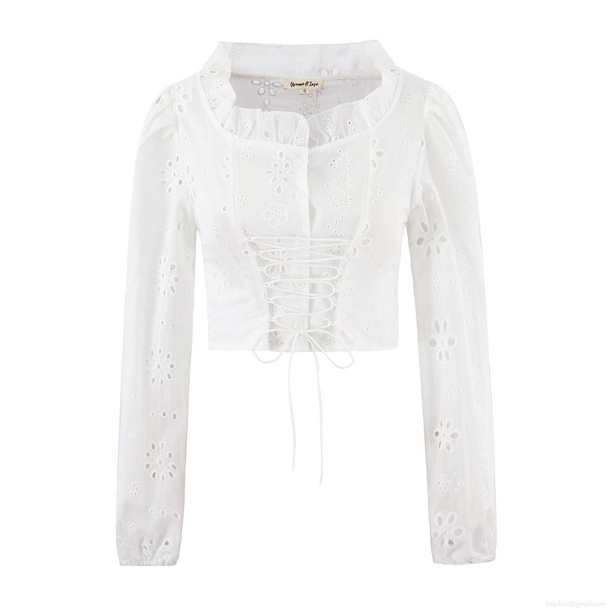Women White Cotton Hollow Out Embroidery Lace-up Blouse Square Neck Ruffle Cropped Shirt Puff Sleeve Vintage Bohemian Summer Top