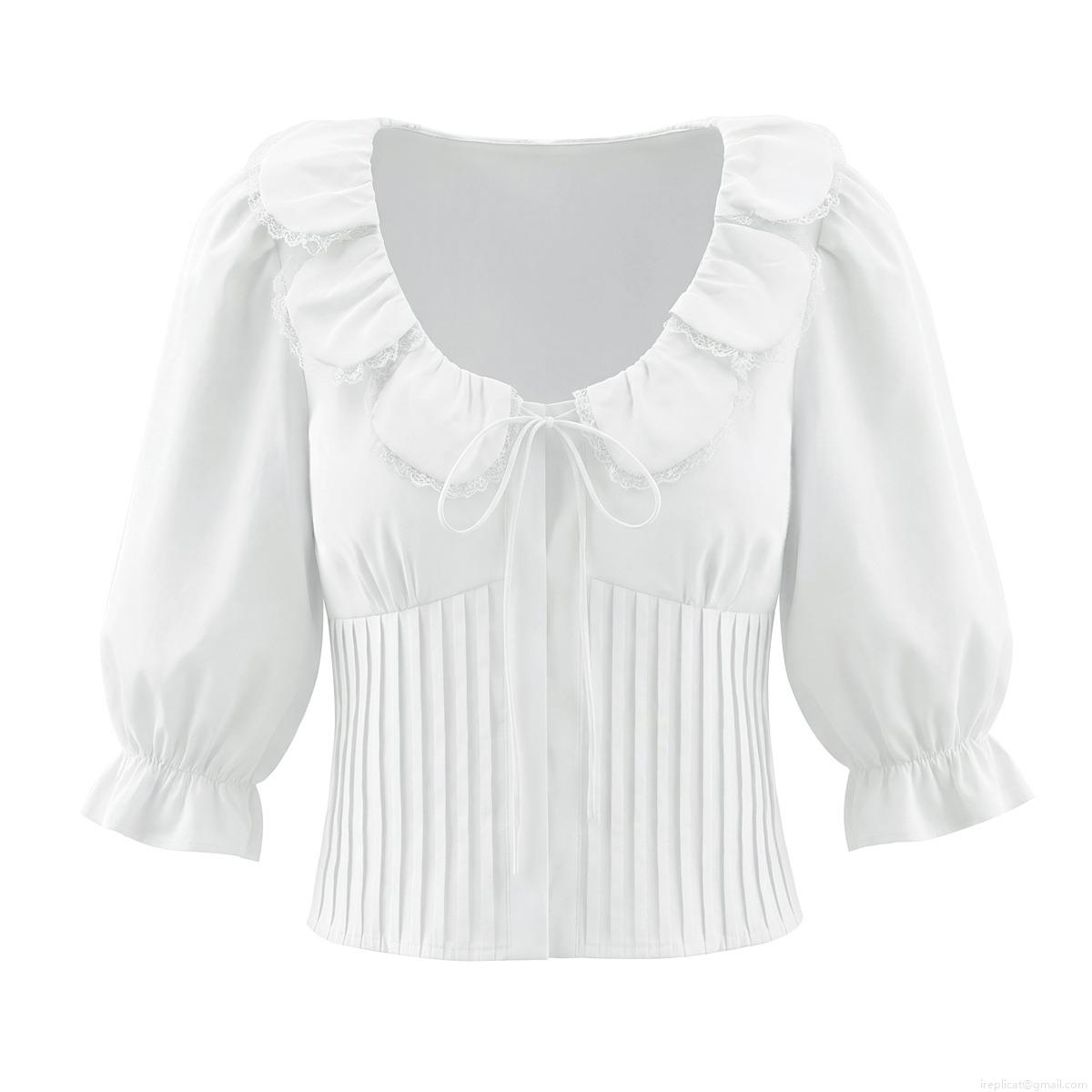 Women's French Retro White Blouse Cotton Blend Lace Patchwork Pleated Smocking Square Neck Puff Sleeves Bow Tie Casual Summer Shirt Tops