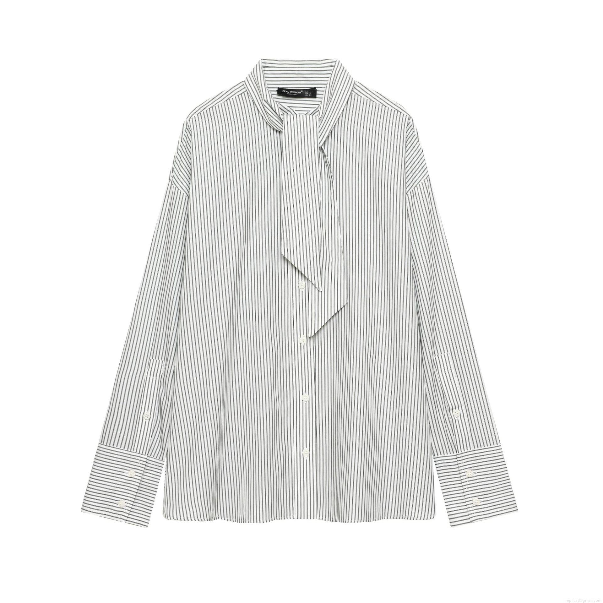 Women's Fashion Striped Scarf Tie Neck Long Sleeve Shirt Loose Casual Polyester Blouse With Buttons Office Streetwear Tops
