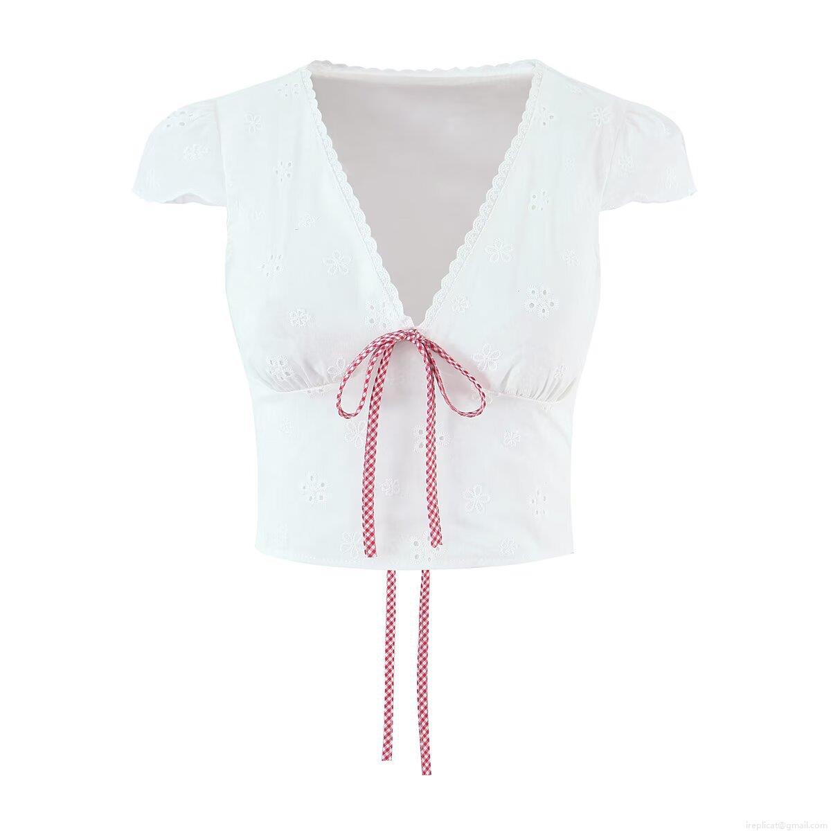 Women's French Retro Eyelet Embroidery V-Neck Crop Top With Red Gingham Ribbon Bow Short Puff Sleeve 100% Cotton Blouse For Summer Streetwear Elegant Hollow Out Top