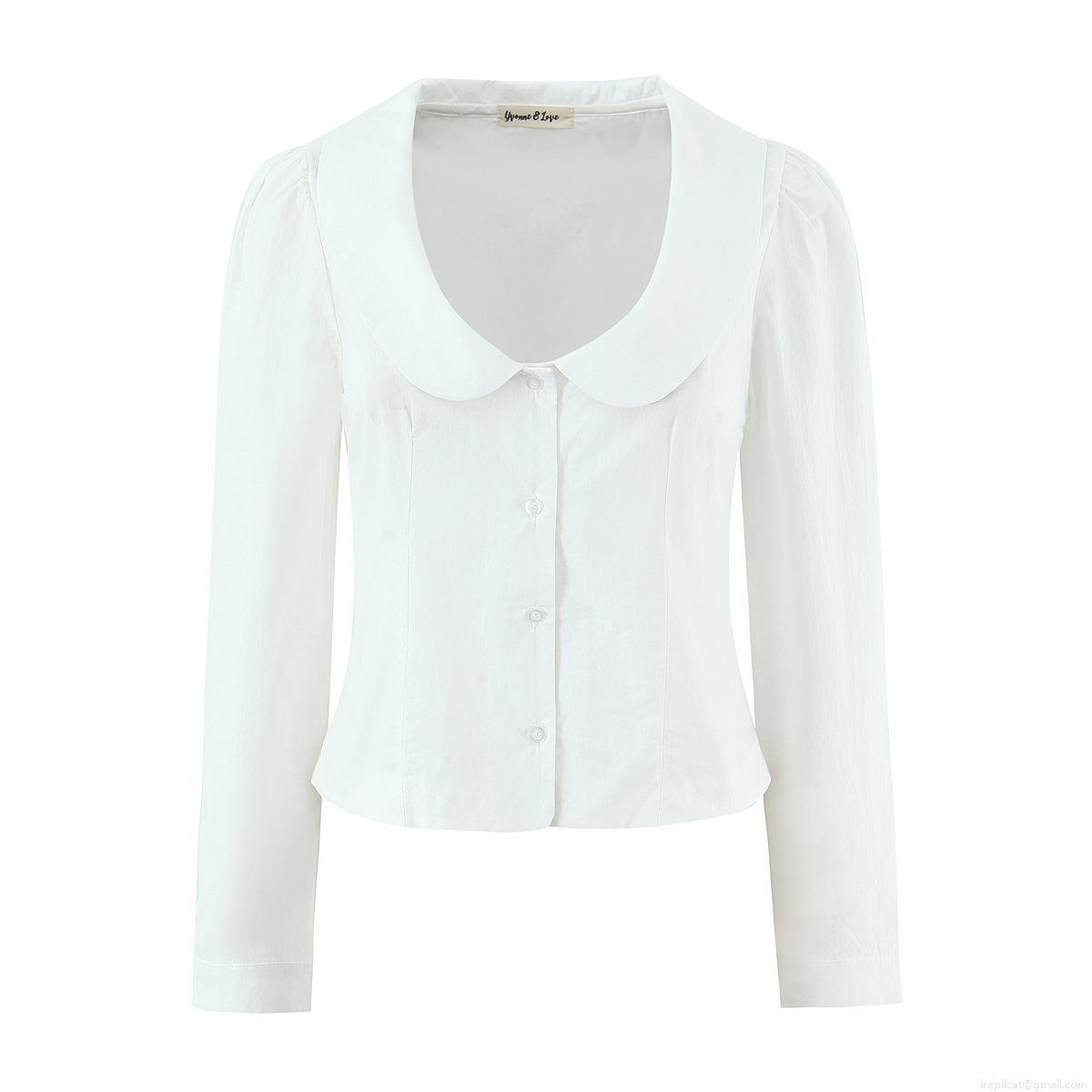 Women's Peter Pan Collar Cotton Shirt Elegant Single Breasted Long Sleeve Slim Fit Blouse For Work Daily Casual White Streetwear Top