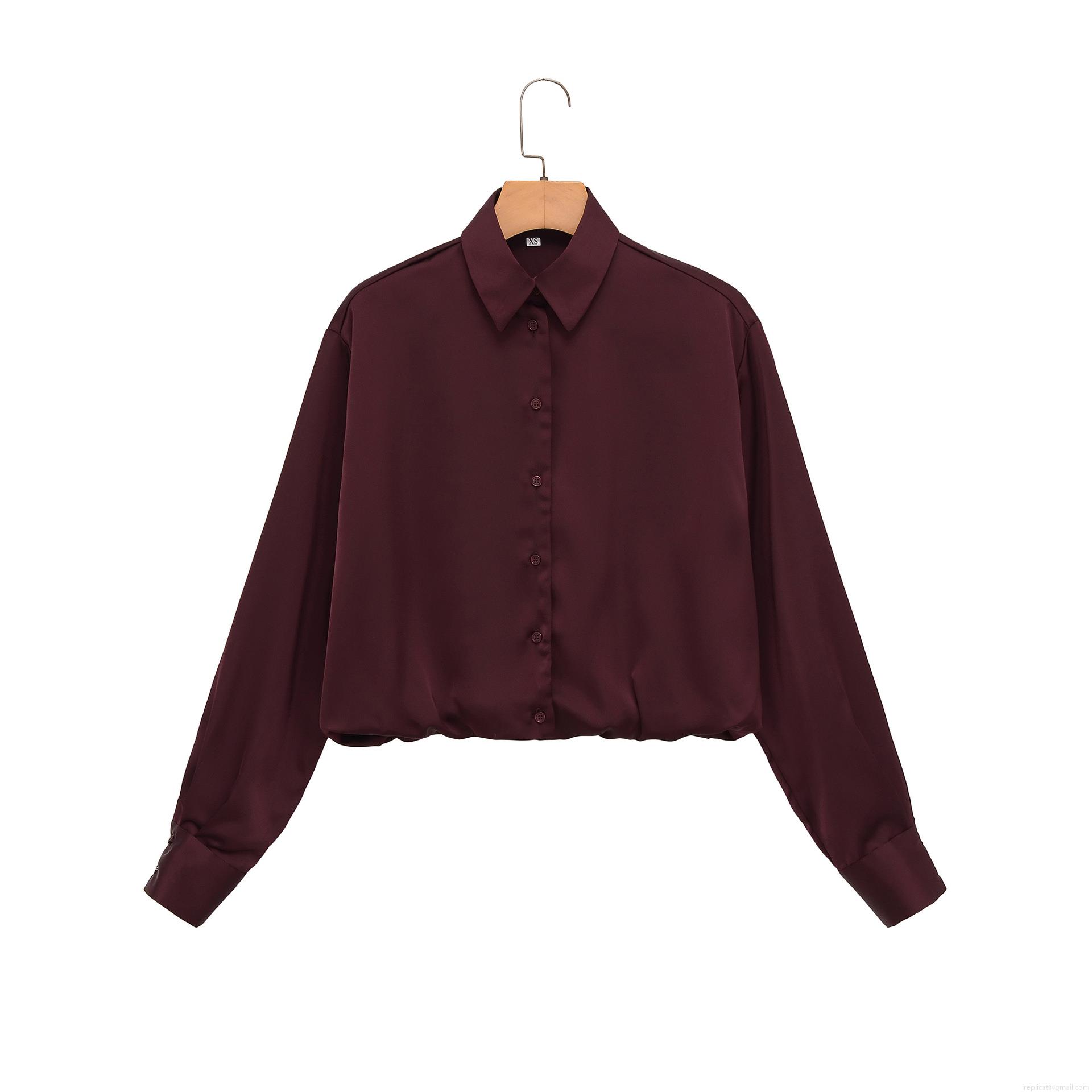 Women's Long Sleeve Satin Shirt Wine Red Cropped Button Up Blouse Casual Street Style Fashion Tops Elegant Solid Color Shirt for Women