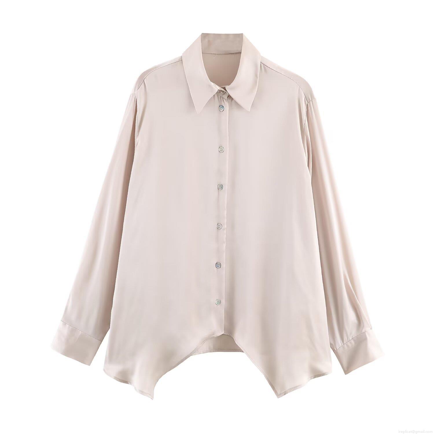 Elegant Champagne Satin Shirt Women Long Sleeve Polo Collar Single Breasted Asymmetric Hem Blouse Streetwear Casual Solid Silk Like Polyester Top