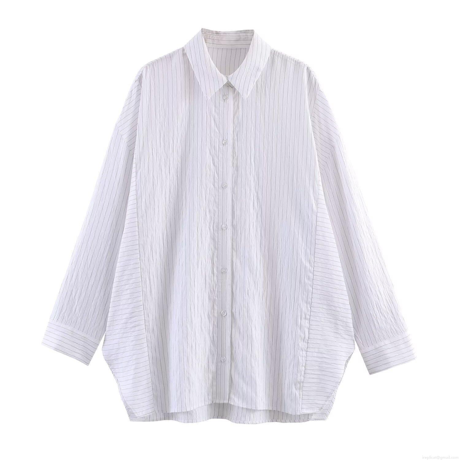 Women's Casual Vertical Stripe Long Sleeve Polo Shirt Oversized Single Breasted Polyester Blouse Top Daily Streetwear Fashion