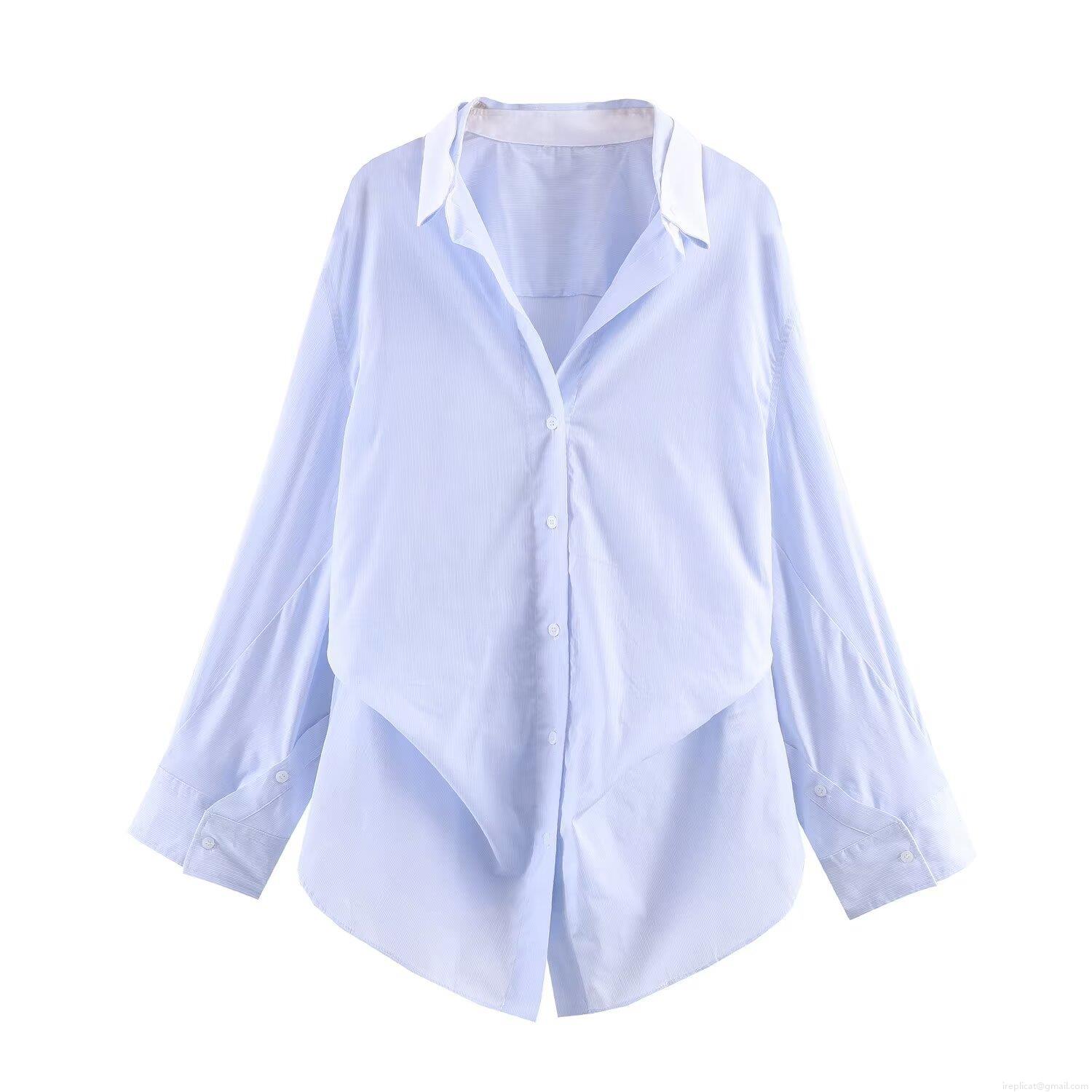 Women Striped Batwing Sleeve Shirt Polyester Cotton Contrast Lapel Collar Button Down Loose Fit Long Sleeve Casual Daily Office Fashion Blouse