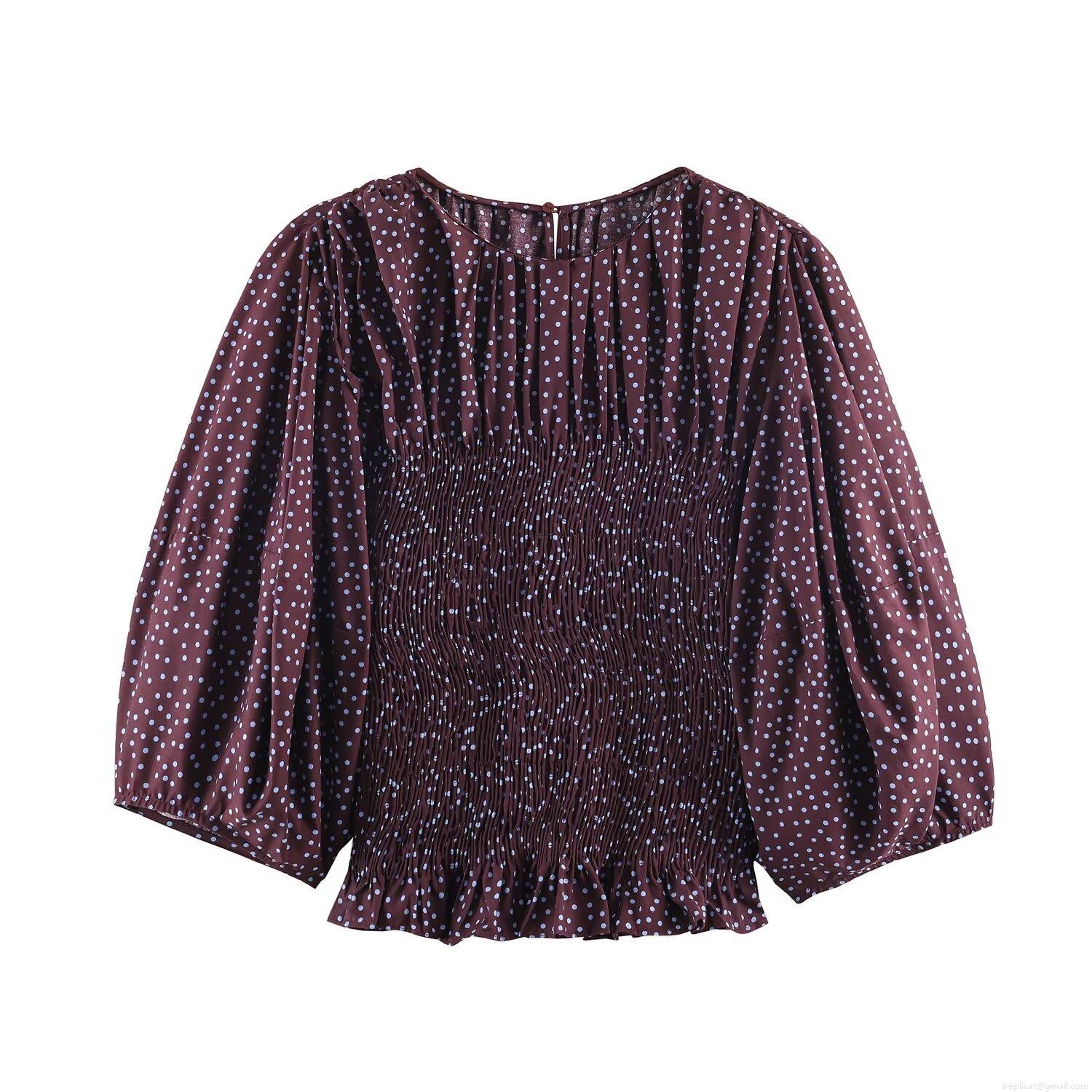 Women's Summer Polka Dot Blouse Polyester Cotton Smocked Waist Balloon Sleeve Top Casual Ruffle Hem Round Neck Shirts Streetwear For Women