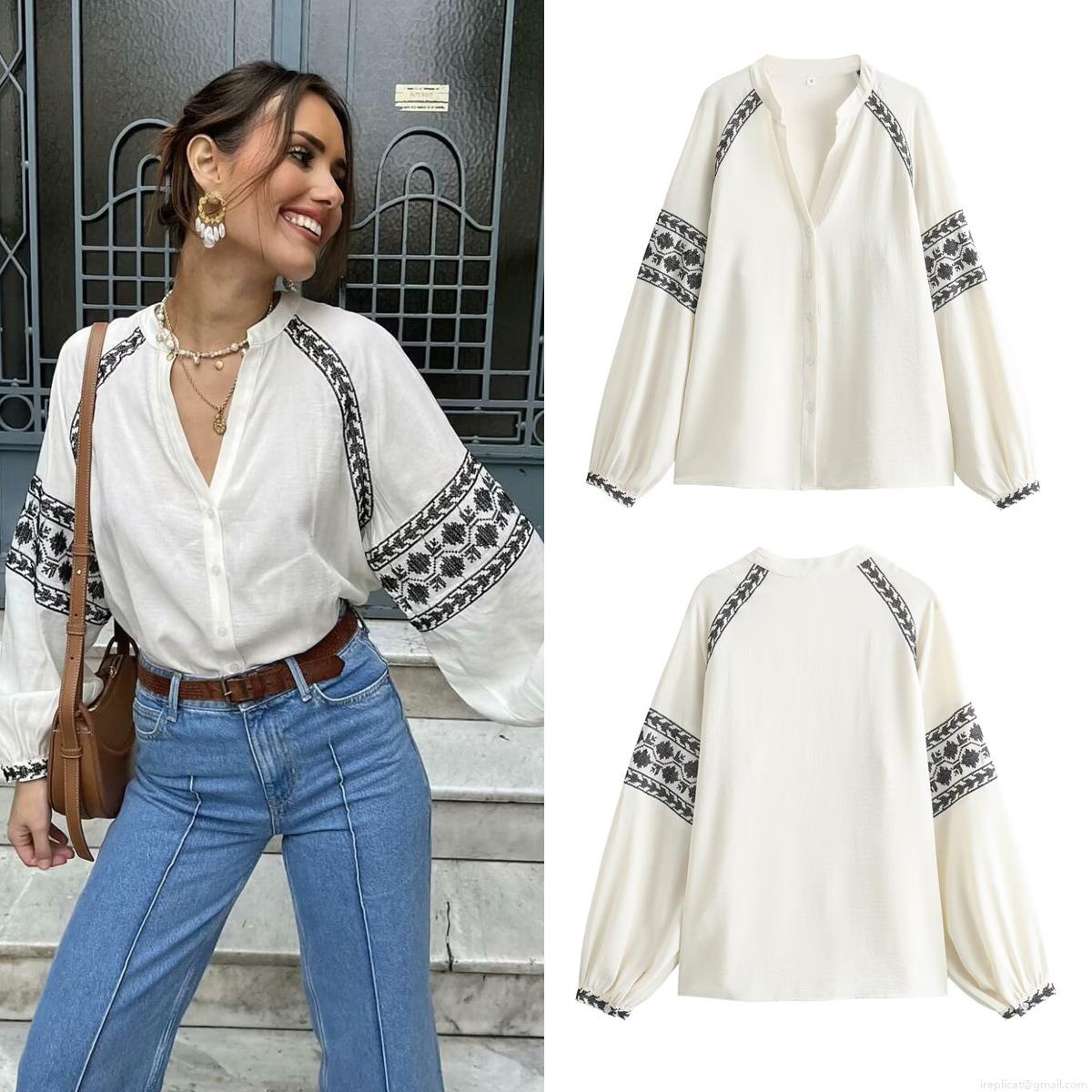 Women's Bohemian Ethnic Geometric Embroidery Blouse 100% Polyester Long Sleeve V Neck Single Breasted Loose Casual Vacation Top For Ladies