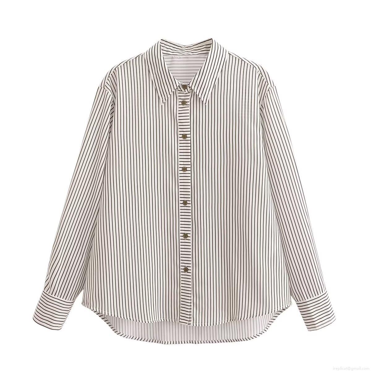 Women's Fashion Striped Long Sleeve Shirt Polyester Button Down Lapel Blouse Casual Chic Office Streetwear Spliced Top Vertical Stripes