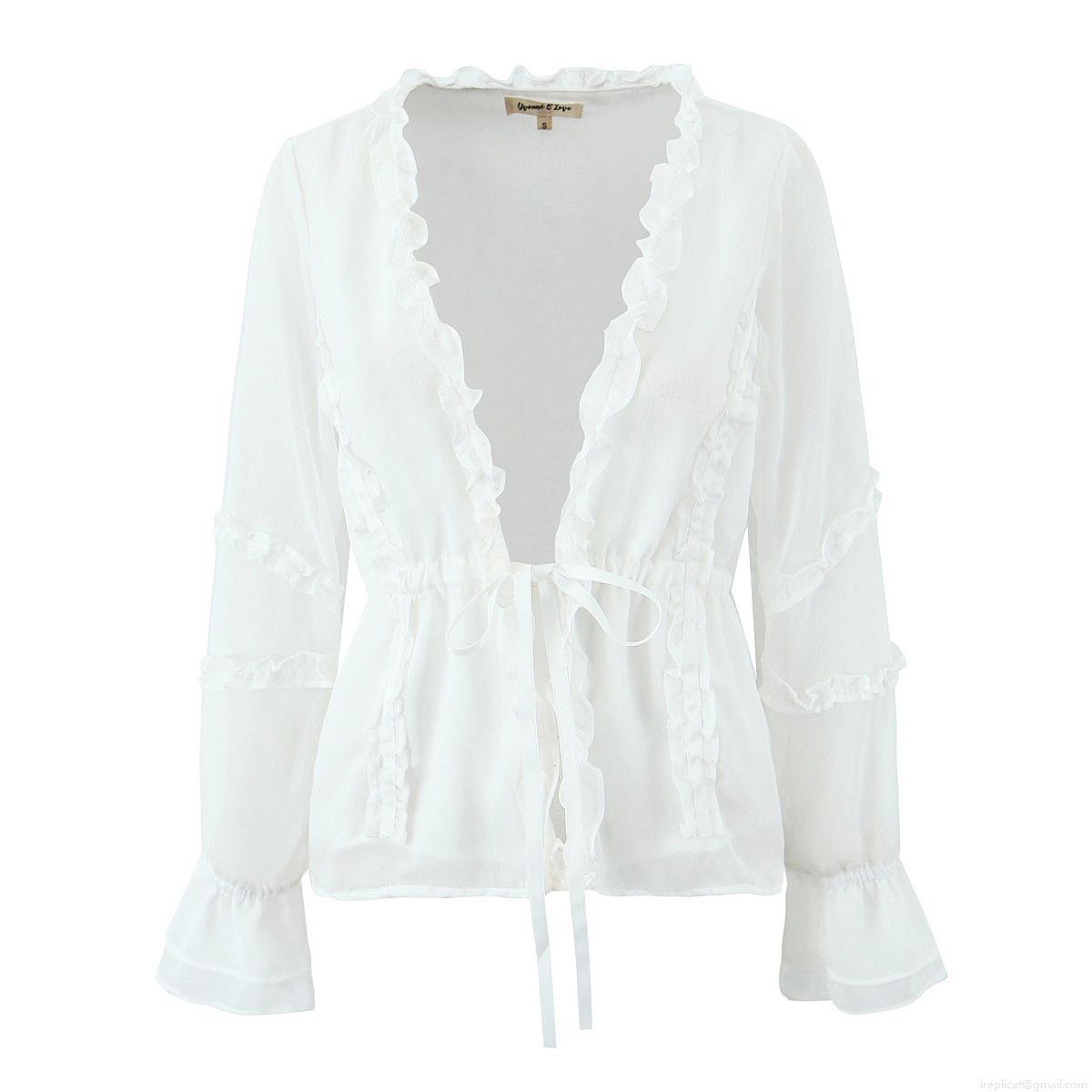 Women's Sexy V-Neck Ruffle Chiffon Blouse Long Sleeve Drawstring Waist Shirt Elegant White Streetwear Top For Ladies Spring Autumn Wear