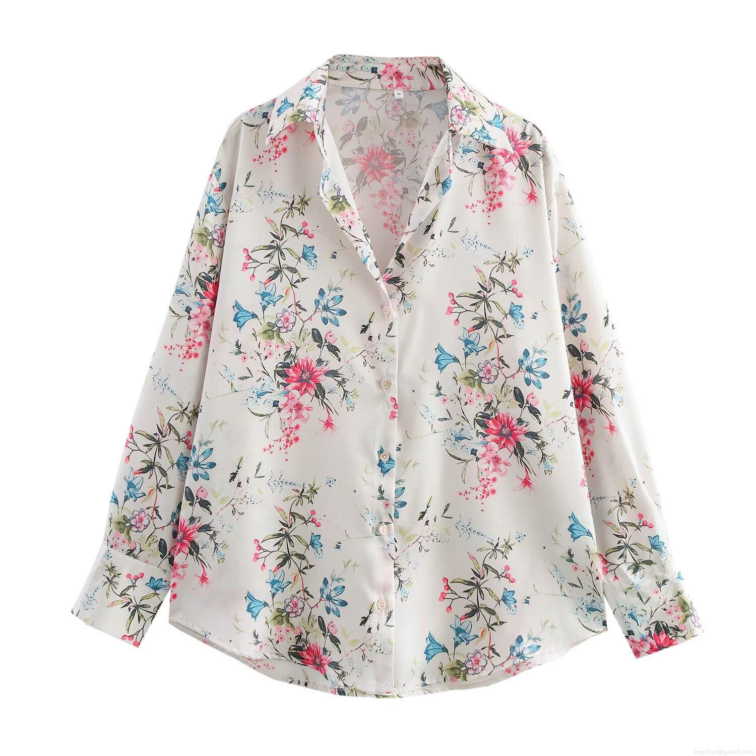 Women's Floral Print Long Sleeve Shirt Satin Texture Lapel Button Down Blouse Casual Loose Streetwear Top For Spring Autumn