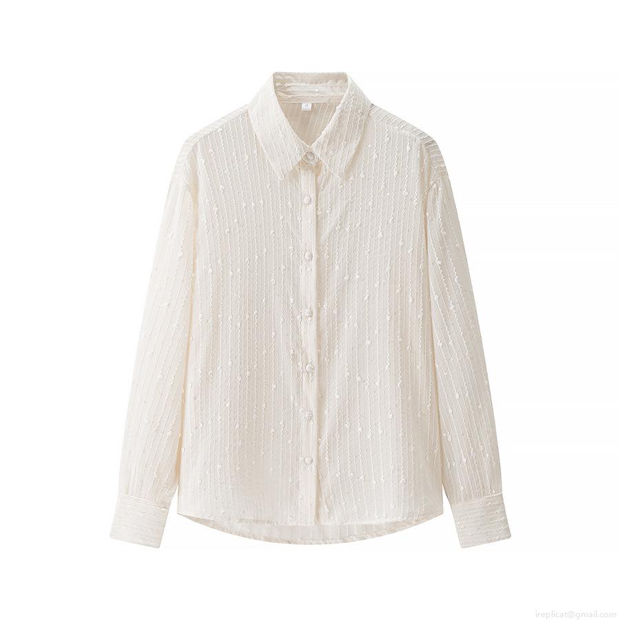 Women's Long Sleeve Blouse 100% Polyester Sequin Textured Vertical Stripe 3D Dot Shirt Elegant Turn-down Collar Loose Fit Single Breasted Top