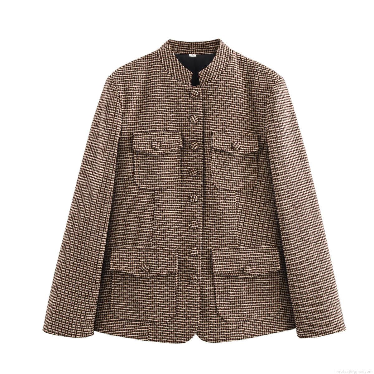 Women Vintage Houndstooth Blazer Jacket Shirt Long Sleeve Lapel Collar Single Breasted Pockets Retro British Style Streetwear Polyester Outerwear Tops