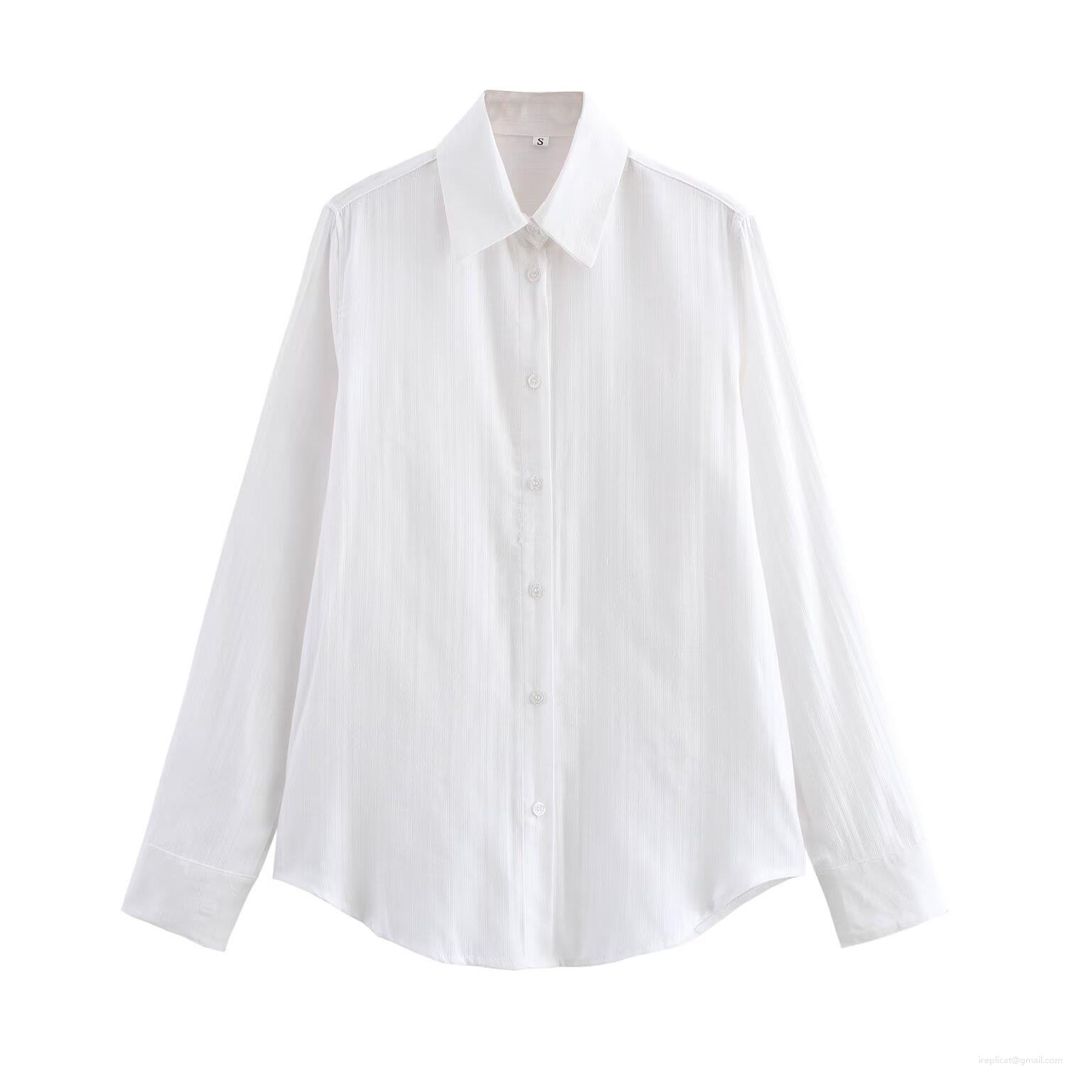 Women's Long Sleeve Polyester Blouse Shirt With Vertical Texture Solid Color Button Down Lapel Loose Fit Casual Office Top For Autumn