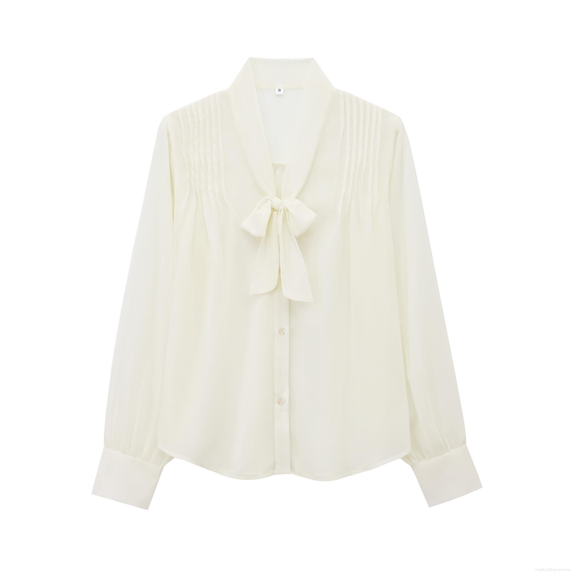 Elegant Women's 100% Polyester Chiffon Blouse V Neck Bow Tie Long Sleeve Pleated Button Down Shirt Office Casual White Streetwear Tops