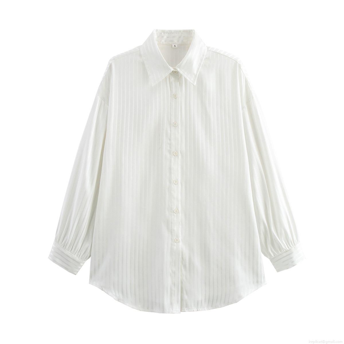 Women's White Vertical Striped Long Sleeve Shirt Lightweight Polyester Lapel Loose Button Up Blouse For Summer Casual Streetwear Daily Commuting
