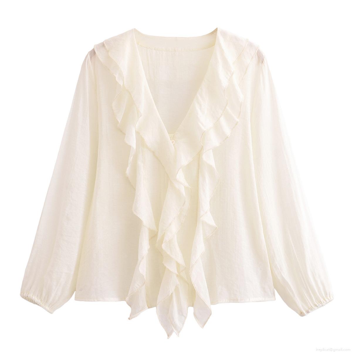 Women's Fashion V Neck Ruffle Long Sleeve Polyester Shirt Elegant Solid Color Button Up Casual Blouse Tops for Spring Summer Office Streetwear