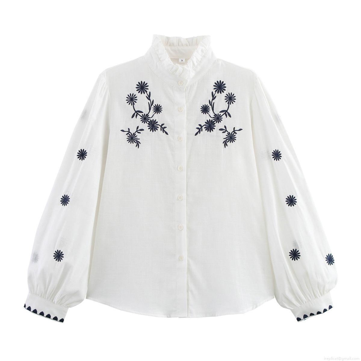 Women's Casual White Long Sleeve Embroidery Blouse Ruffle Stand Collar Button Up Loose Fit Polyester Shirt For Lady Daily Vacation Top