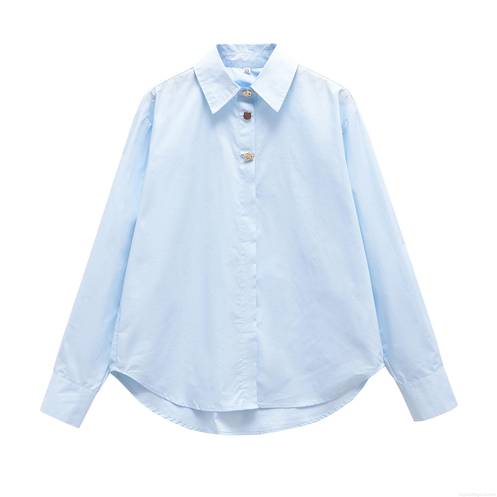 Women Spring Fashion Casual Lapel Loose Fit Cotton Poplin Long Sleeve Shirt Solid Color Metal Button Down Streetwear Blouse Top For Ladies