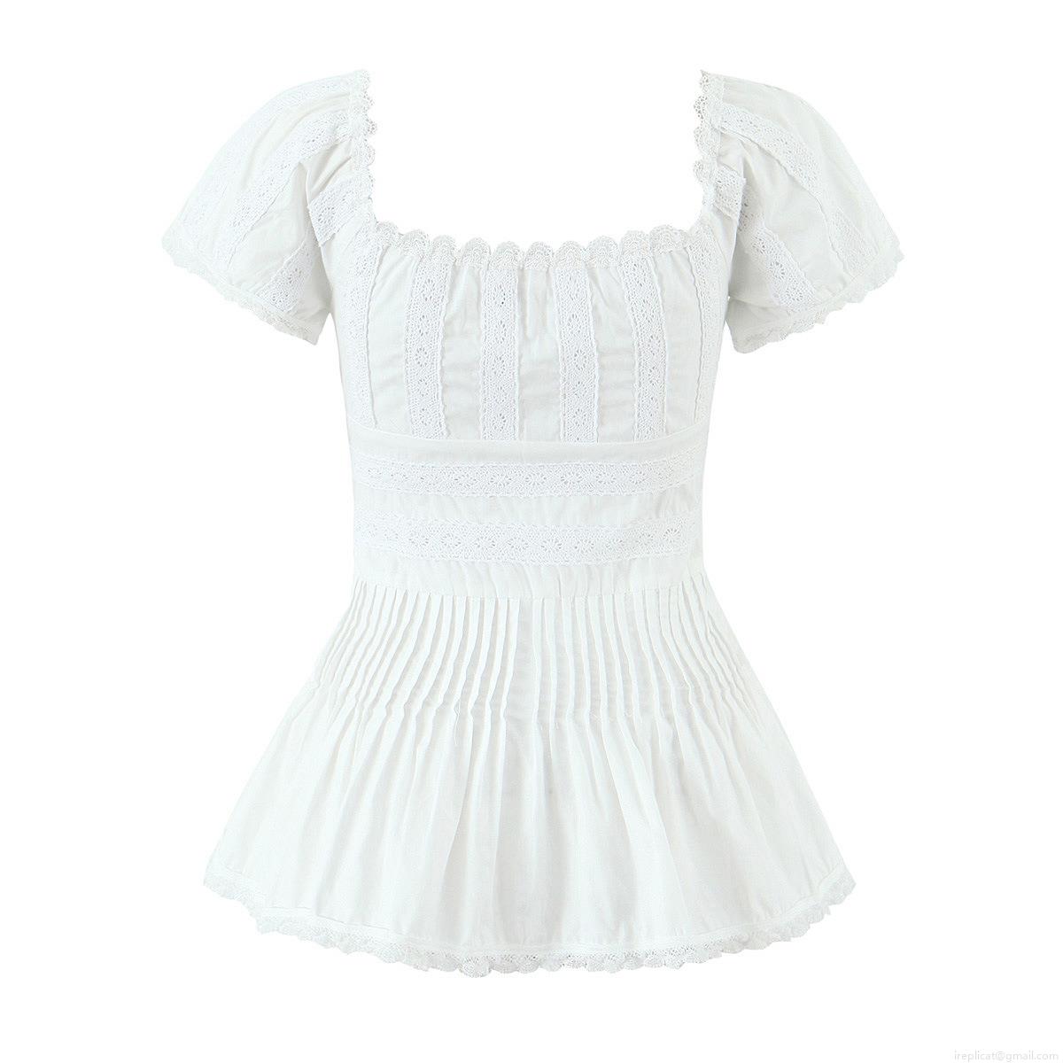 Women Elegant White Lace Spliced Pleated Blouse French Vintage Square Neck Puff Short Sleeve Cotton Shirt Slim Fit Casual Top For Summer Dating