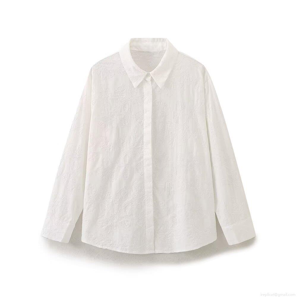 Women's Elegant Flower Embroidery Long Sleeve Cotton Blend Blouse Shirt Turn-Down Collar Loose Button Down Top Streetwear Casual Clothing