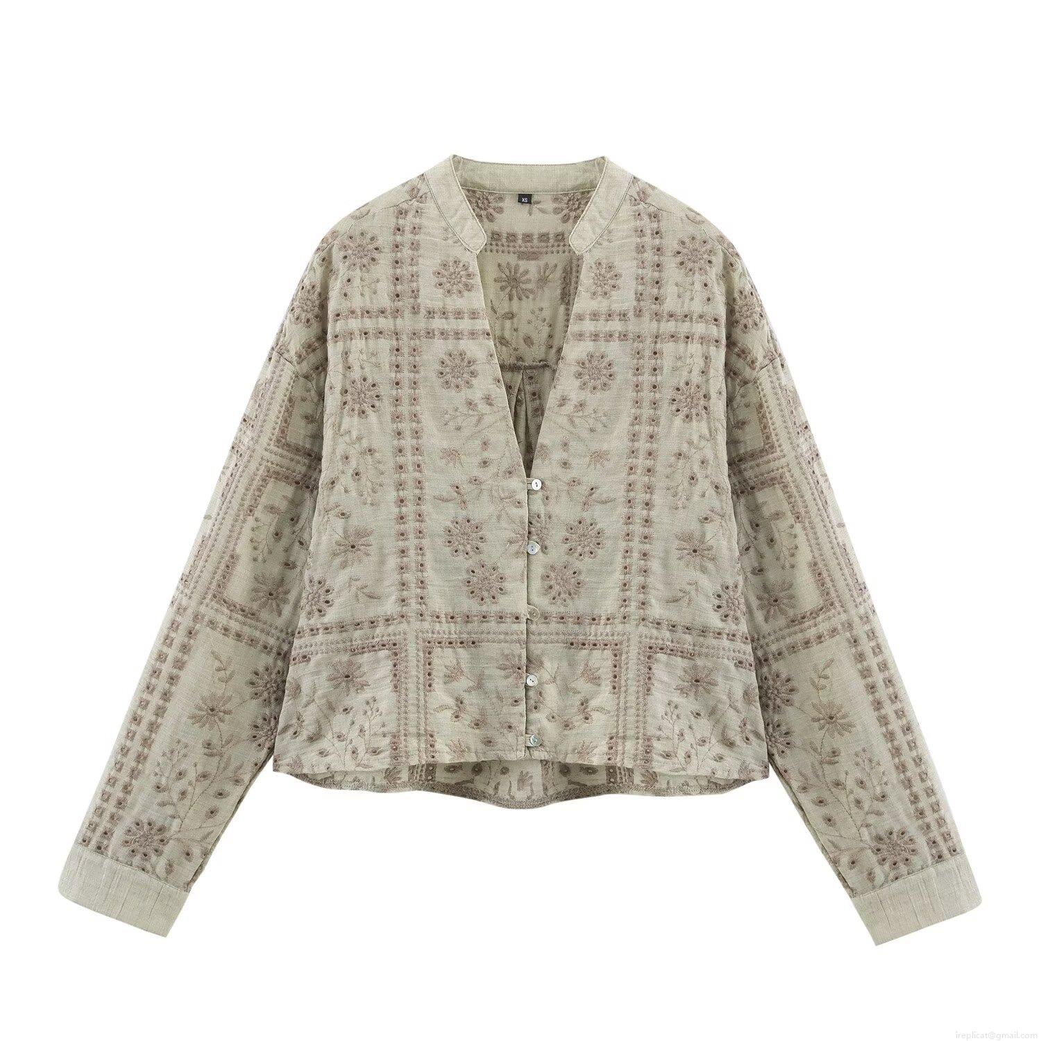 Women's Vintage Sage Green Floral Embroidery Blouse Long Sleeve Cotton Blend Eyelet Hollow Shirt V Neck Single Breasted Casual Ethnic Tops