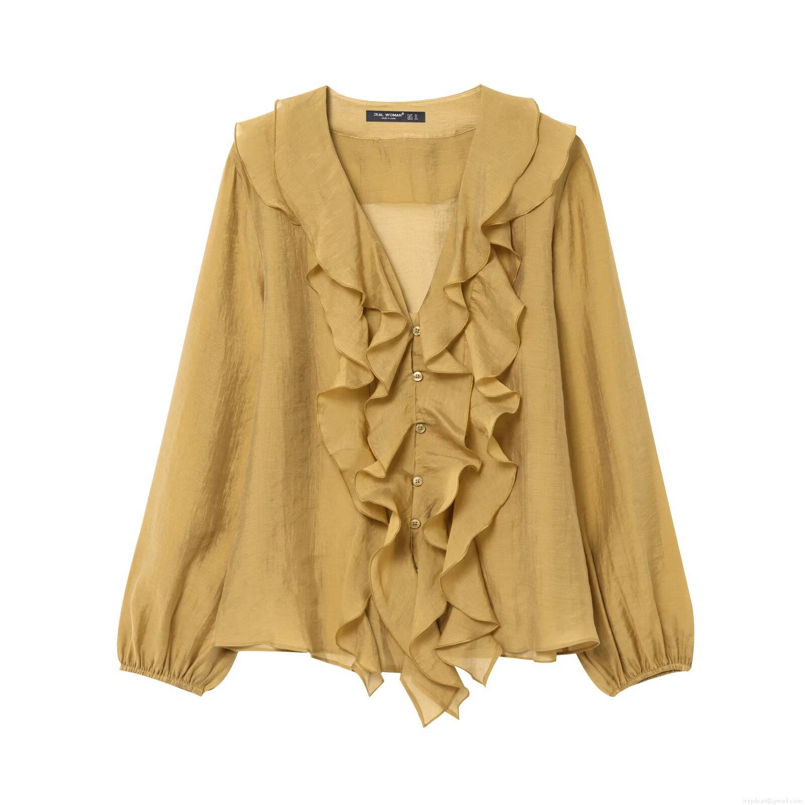Women's V-Neck Long Sleeve Ruffle Blouse Elegant Solid Polyester Chiffon Shirt Fashion Streetwear Layered Decorative Top For Ladies Spring Summer