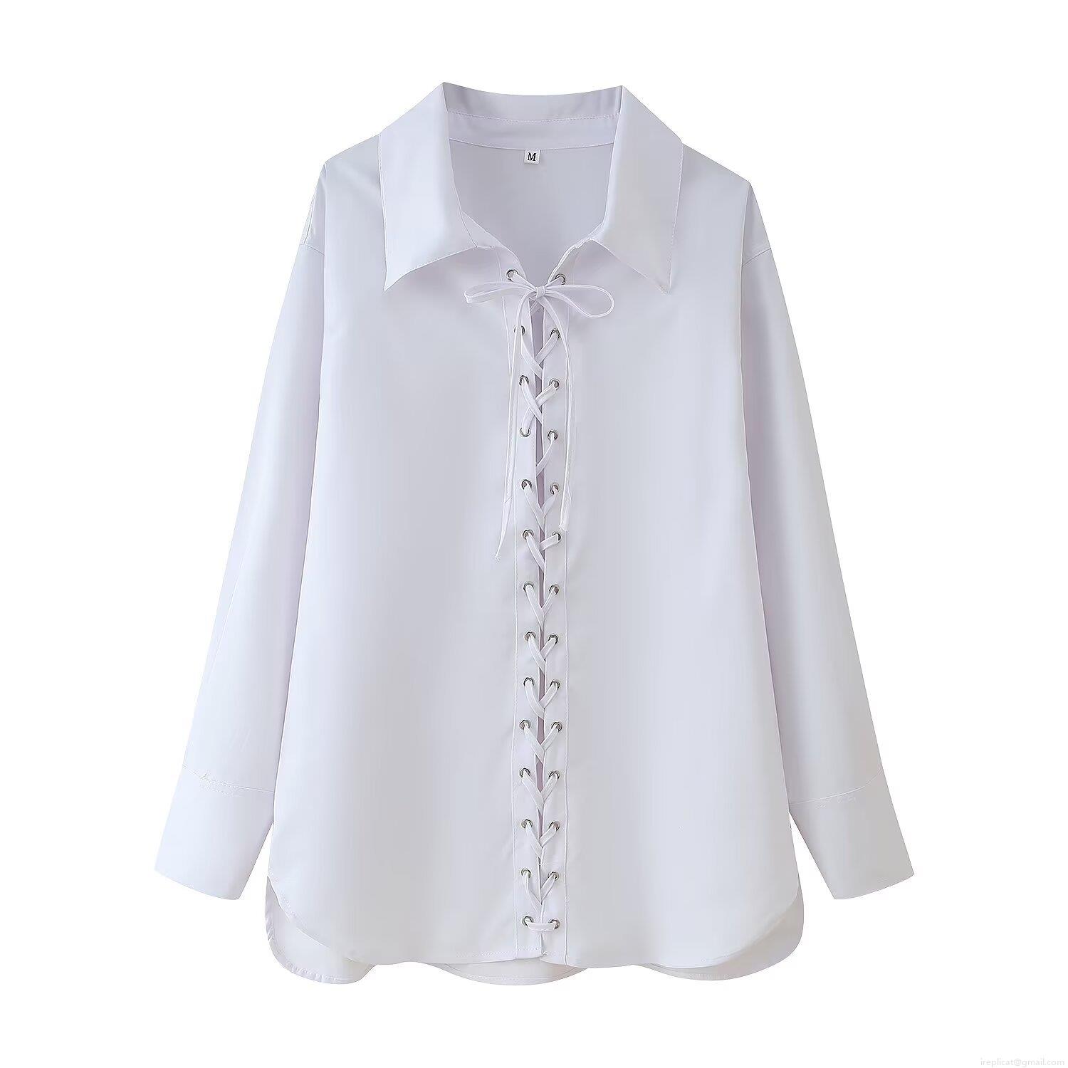 Women's Long Sleeve Blouse White Polyester Shirt With Lace-up Eyelet V Neck Loose Fit European American Streetwear Style Casual Top For Summer Spring