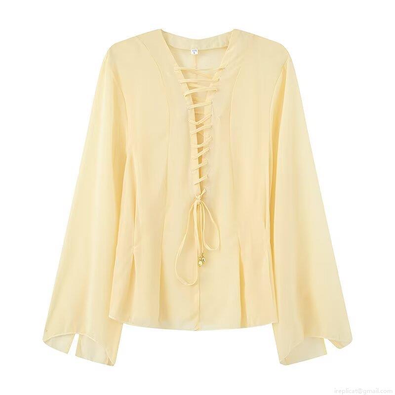 Women's V-Neck Lace Up Chiffon Blouse Loose Flare Sleeve Casual Solid Color Street Style Shirt Top Women Clothing