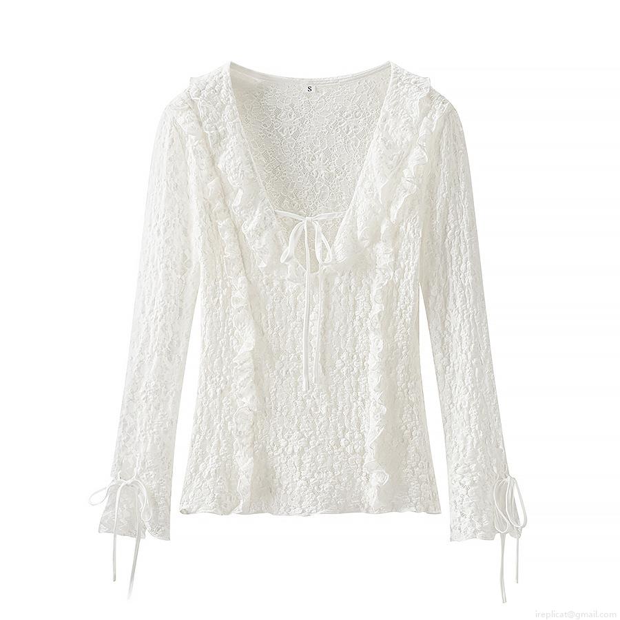 Elegant V-Neck Lace Ruffle Long Sleeve Blouse With Tie Detail White Hollow Out Flower Embroidery Shirt For Women Party Date Women's Clothing