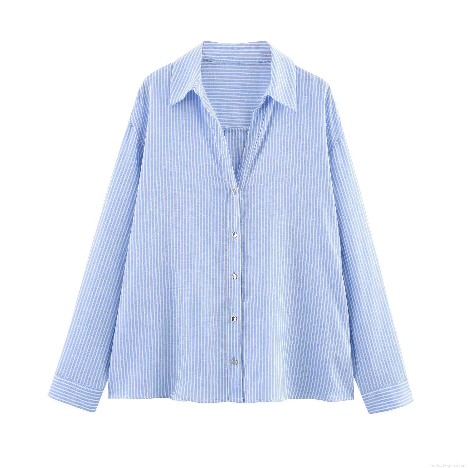 Women's Linen Blend Striped Shirt Long Sleeve Lapel Loose Fit Button Down Blouse Top Casual Streetwear 2025 Summer Fashion Female Clothing