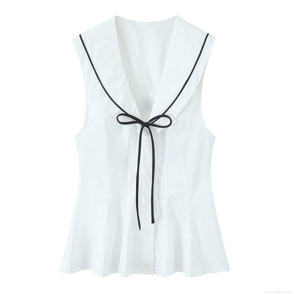 Women's Sleeveless Sailor Collar Blouse Contrast Trim Bow Tie Front Top Preppy Style Casual Streetwear Polyester Shirt For Summer