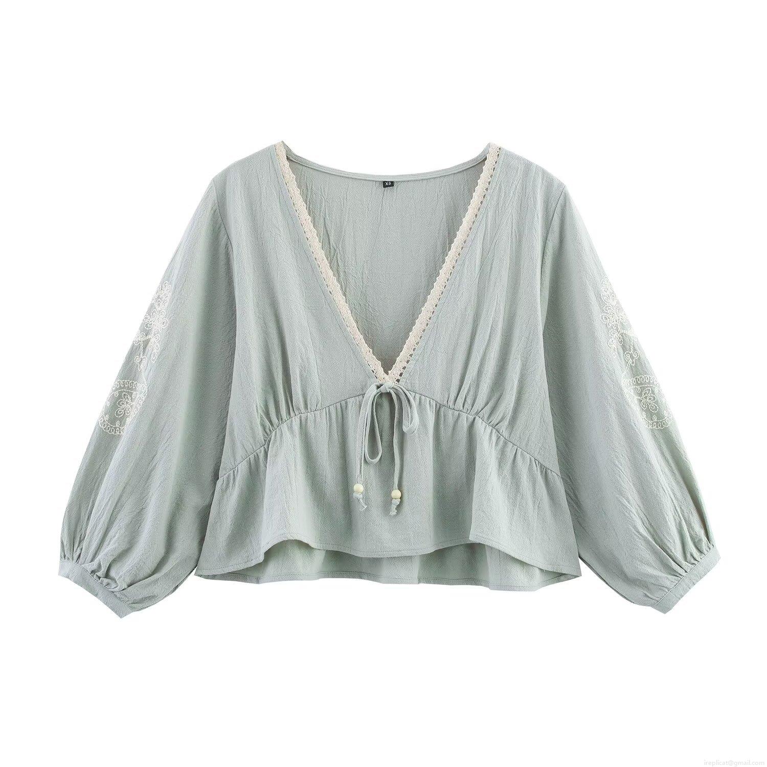 Women's V Neck Lantern Sleeve Embroidery Blouse Cotton Blend Tie Front Lace Trim Ruffle Hem Casual Shirt Summer Streetwear Tops