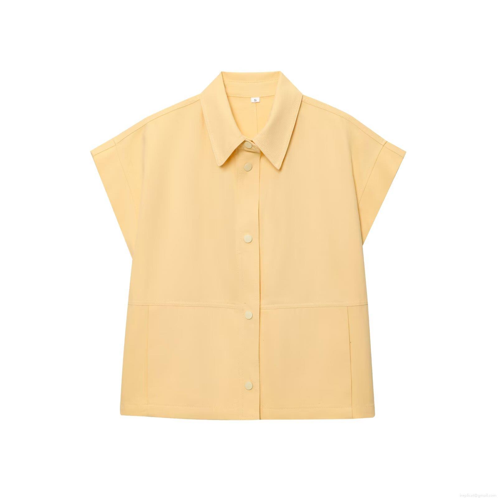 Summer Loose Short Sleeve Lapel Button Down Shirt Women Casual Solid Color Polyester Blouse Streetwear Fashion Top Women Clothing