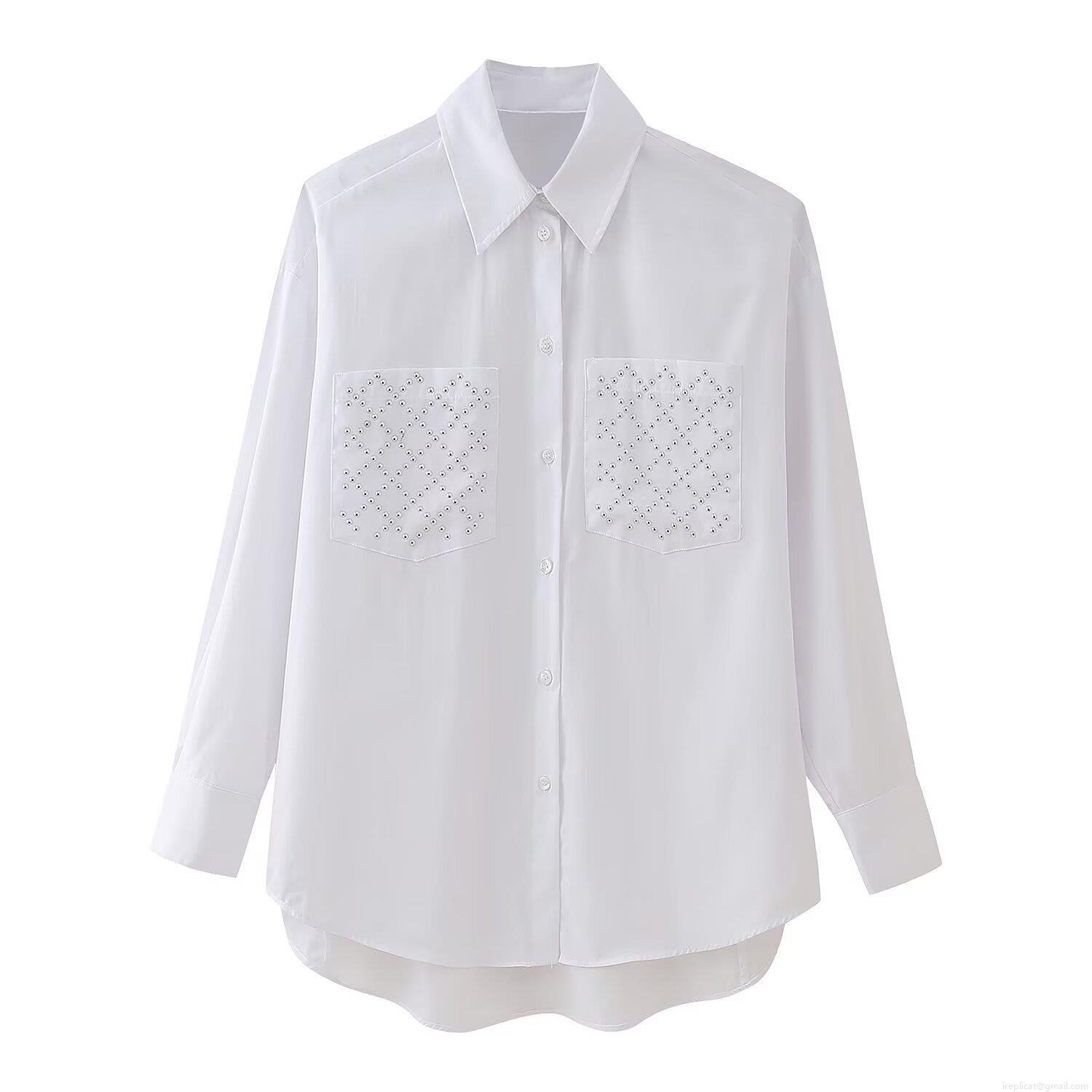 Women's White Long Sleeve Shirt 100% Polyester Lapel Rivet Pocket Blouse Casual Streetwear Solid Color Loose Fit Top For Women