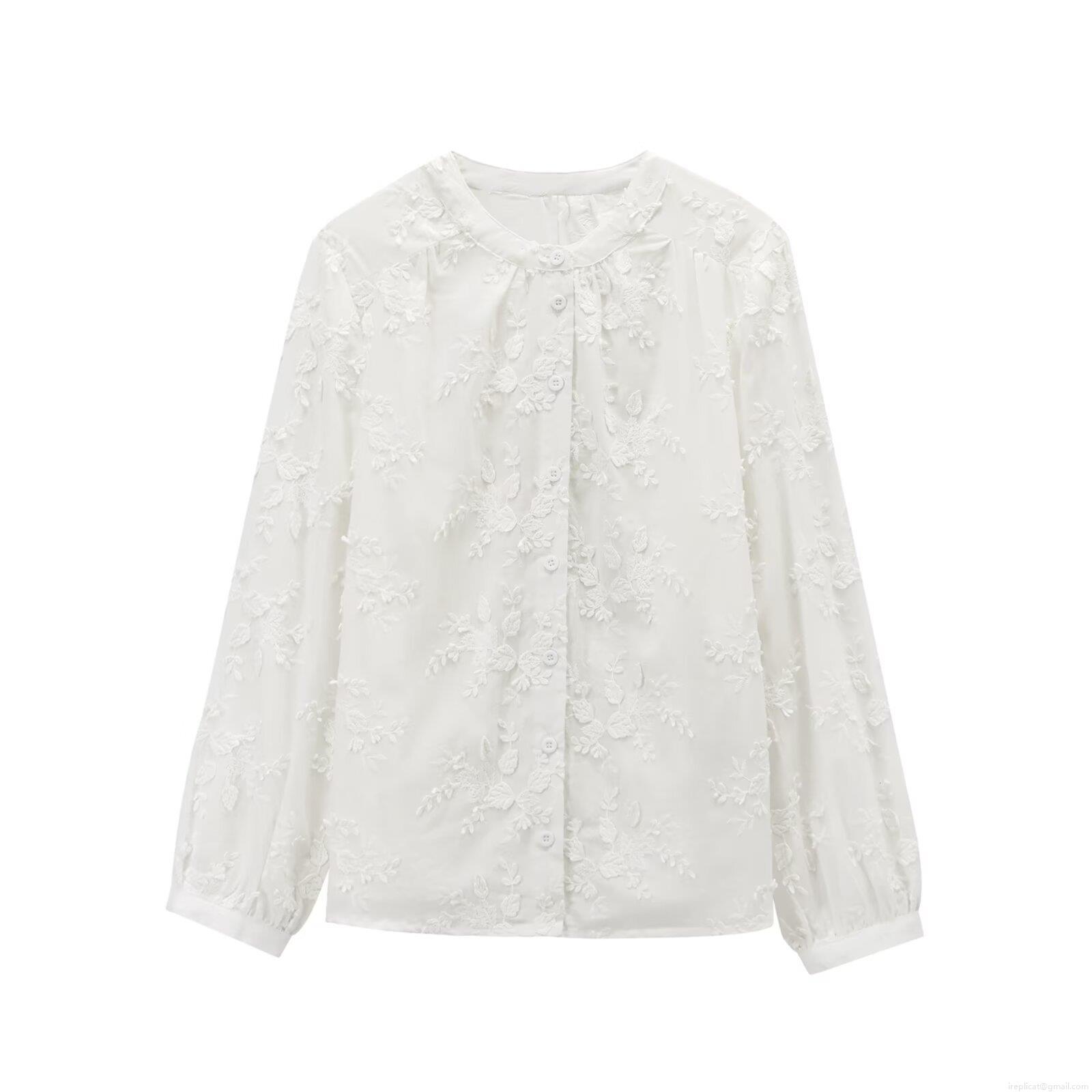 Women's Floral Embroidery Long Sleeve Shirt Elegant White Round Neck Single Breasted Blouse For Casual Summer Streetwear Lady Tops