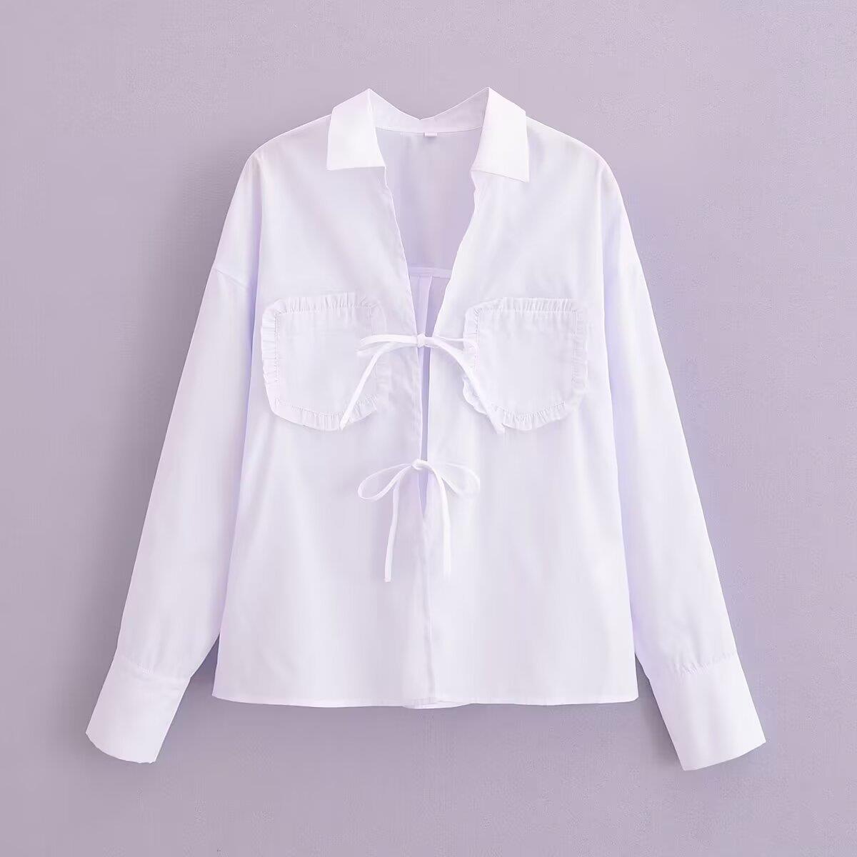 Women's White Long Sleeve Blouse 100% Polyester Lapel Tie Front Bow Ruffle Pocket Top Casual Streetwear Shirt for Women Office Daily Wear