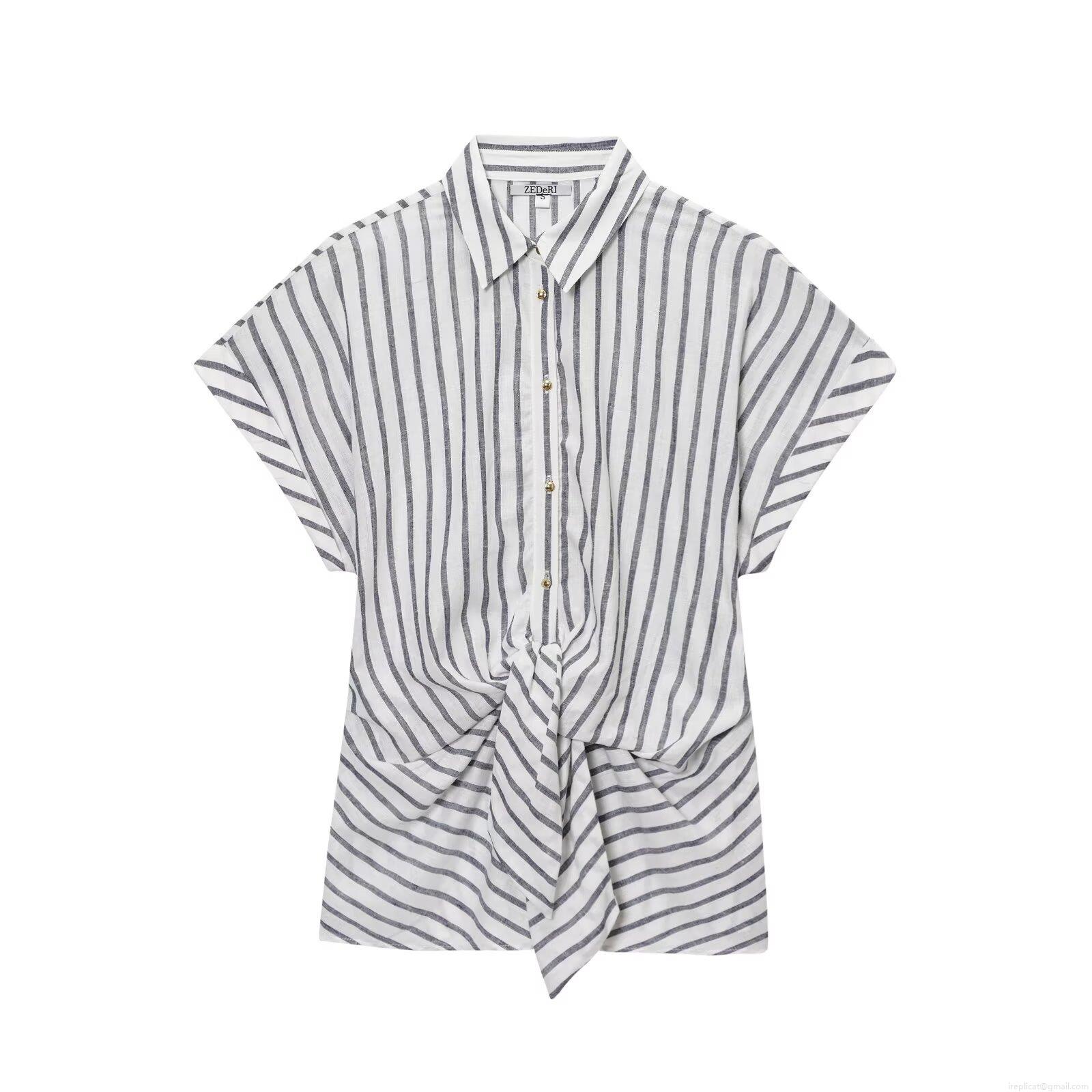 Women's Summer Vertical Striped Short Sleeve Shirt Front Tie Knot Lapel Blouse Casual Cotton Linen Texture Top Streetwear Style Single Breasted Shirt for Women
