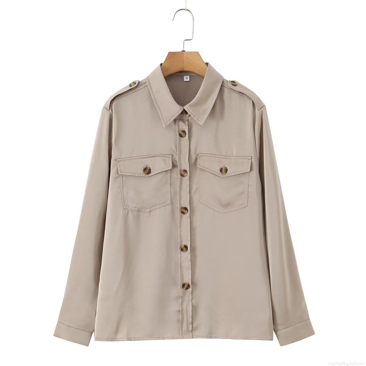 Women's European American Style Satin Blouse Long Sleeve Turn-down Collar Button Down Shirt With Double Pockets Epaulettes Solid Color Khaki Top For Autumn Streetwear