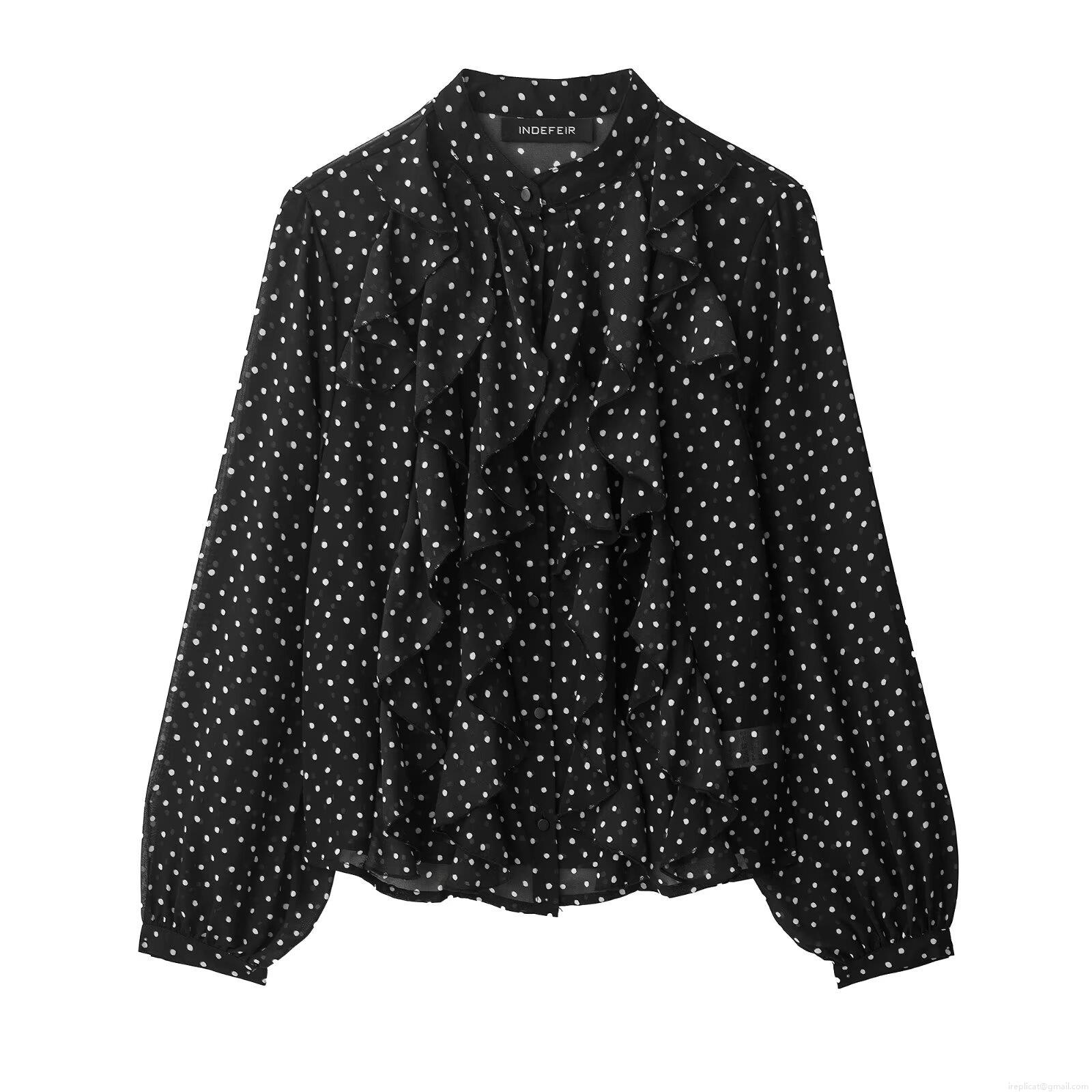 Women's Fashion Polka Dot Long Sleeve Blouse Ruffle Trim Stand Collar Polyester Chiffon Feel Streetwear Shirt For Daily Wear