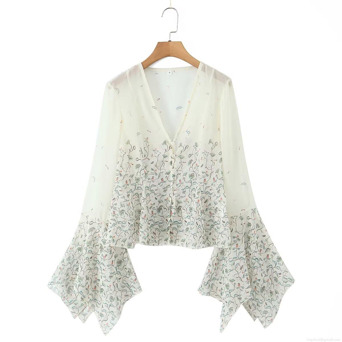 Women's Floral Print Chiffon Blouse V Neck Flared Sleeve Slim Fit Waist Cinching Long Sleeve Shirt Top Elegant Casual Streetwear Office Lady Cream White
