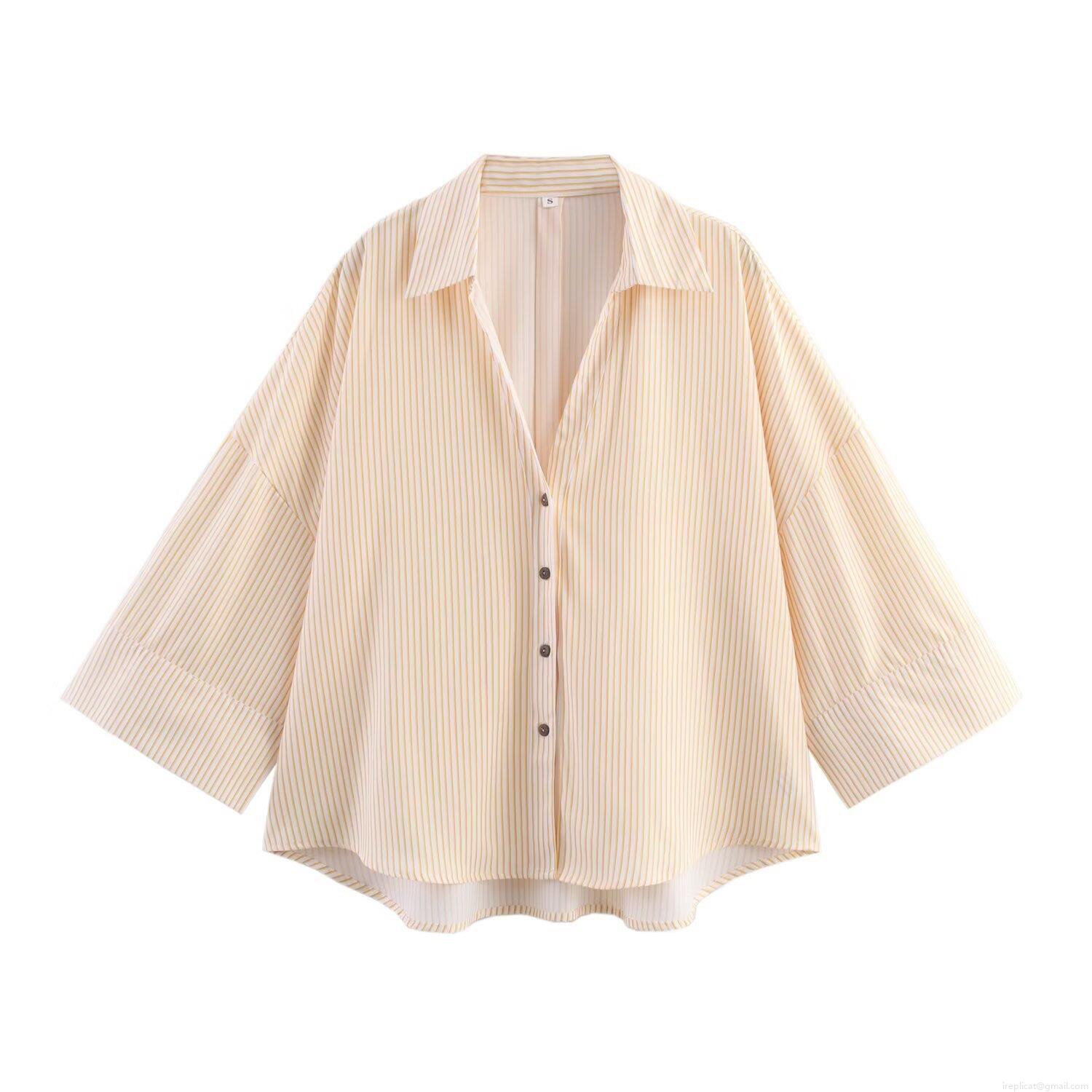 Women's Loose Striped Long Sleeve Lapel Shirt Button Down Polyester Blouse Casual Oversized Streetwear Autumn Top For Daily Wear Yellow White