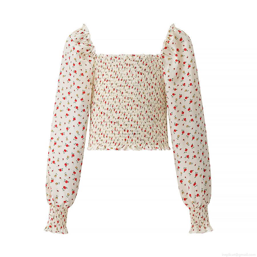 Women's Floral Print Cropped Blouse Polyester Smocked Square Neck Long Puff Sleeve Top Elegant Streetwear Pullover Shirt For Women