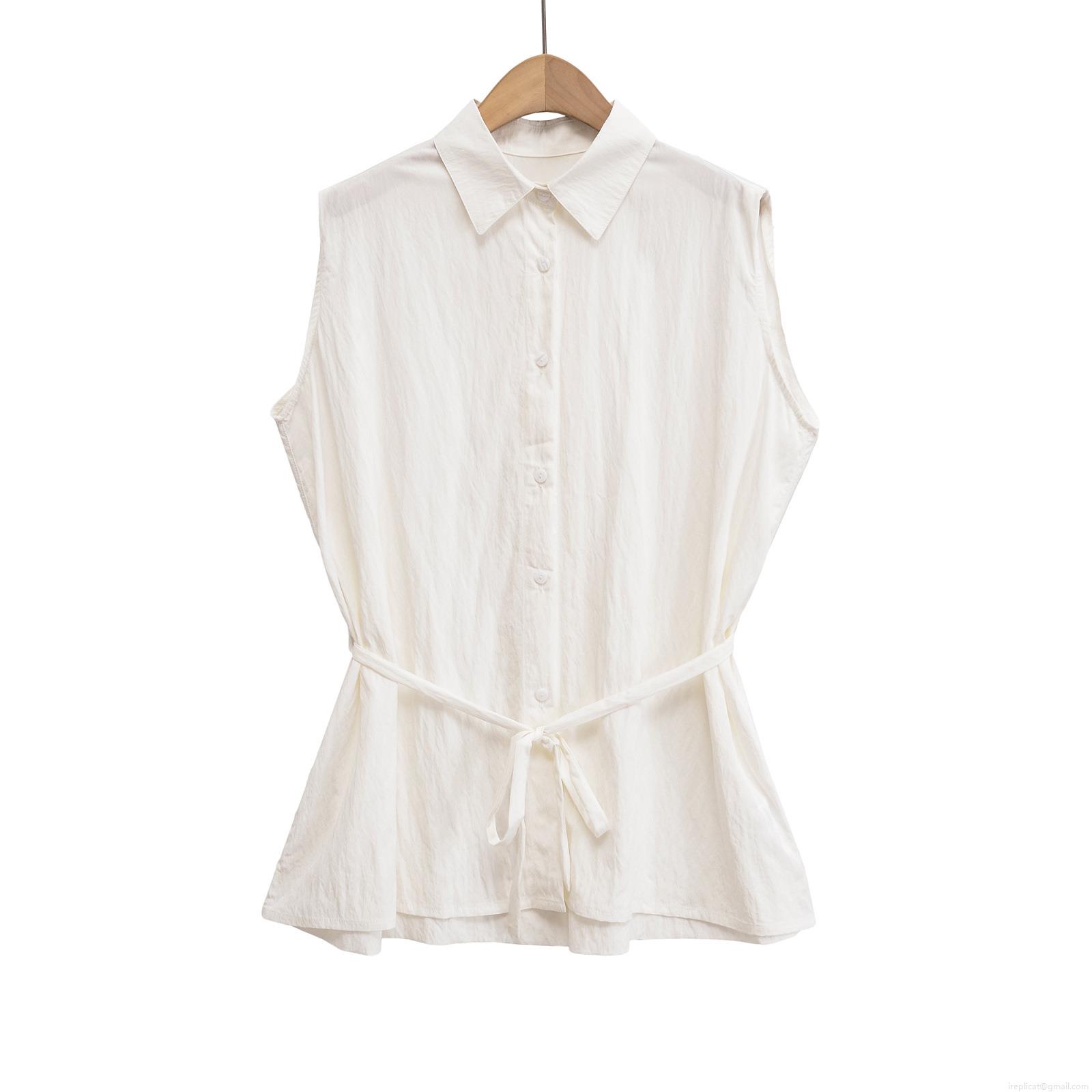 Women's Sleeveless Shirt Lapel Single-Breasted Waist Tie Blouse Autumn Casual Solid Color Polyester Cotton Blend Streetwear Top For Women