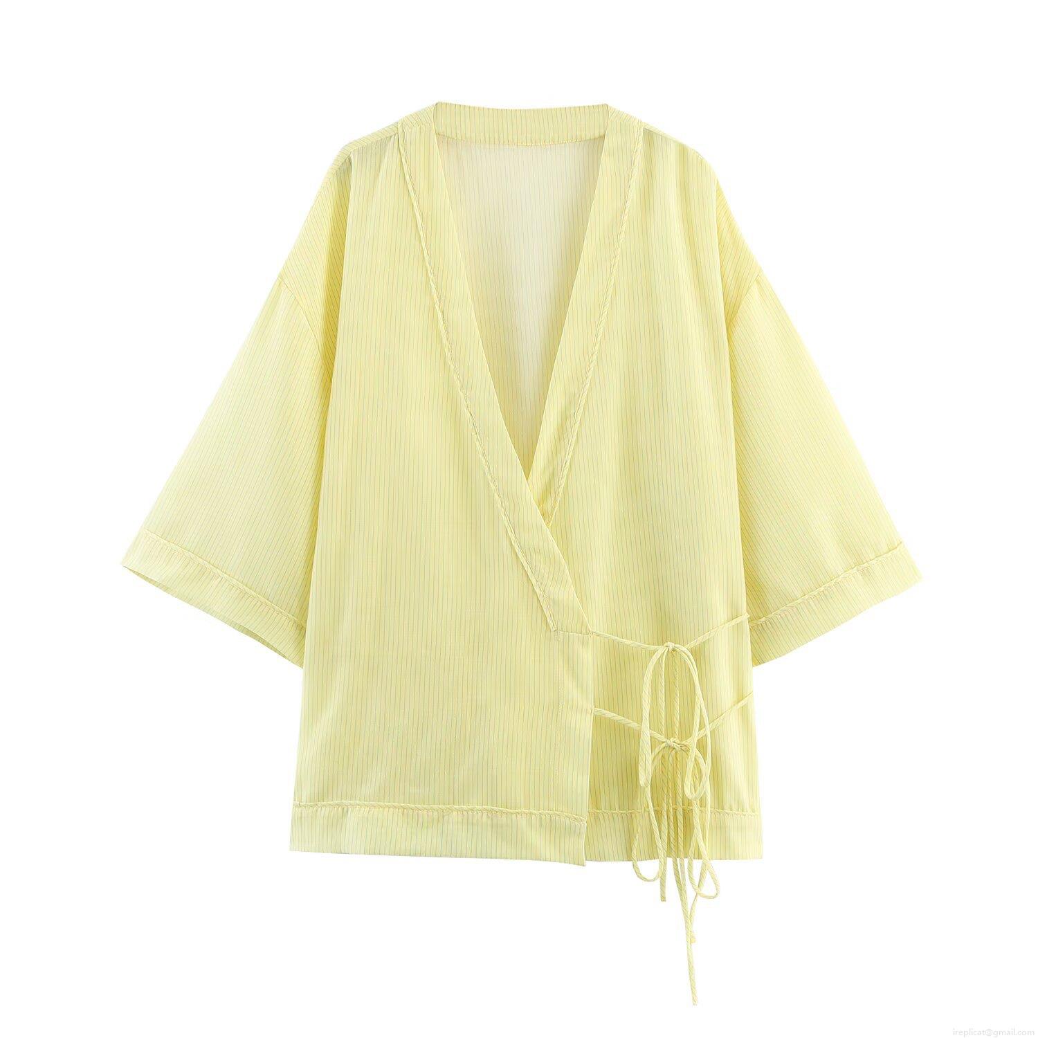 Women Casual Striped V Neck Bow Knot Blouse Polyester Short Sleeve Kimono Wrap Shirt Streetwear Tops