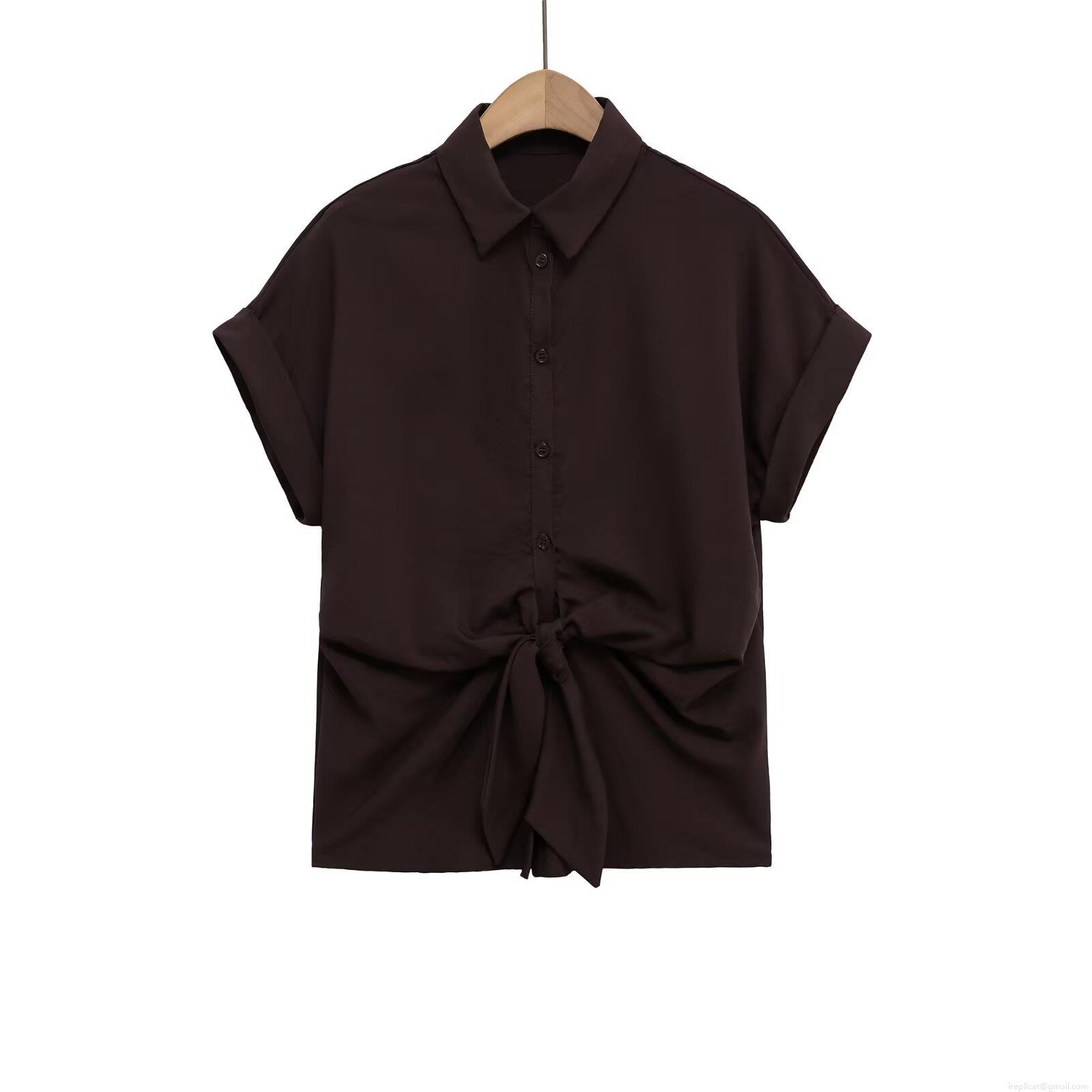 Women's European Style Lapel Long Sleeve Blouse With Knot Front Decoration Solid Color Polyester Casual Shirt Top For Daily Wear Streetwear