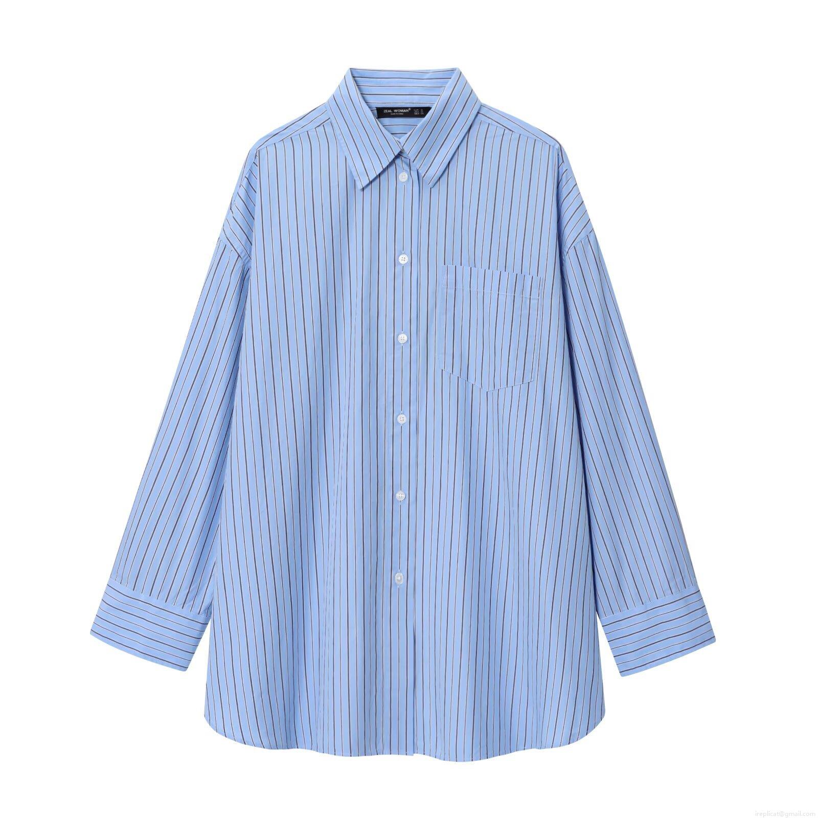 Women's Striped Long Sleeve Shirt 100% Polyester Turn-down Collar Loose Blouse Top With Chest Pocket Casual Streetwear Women Clothing