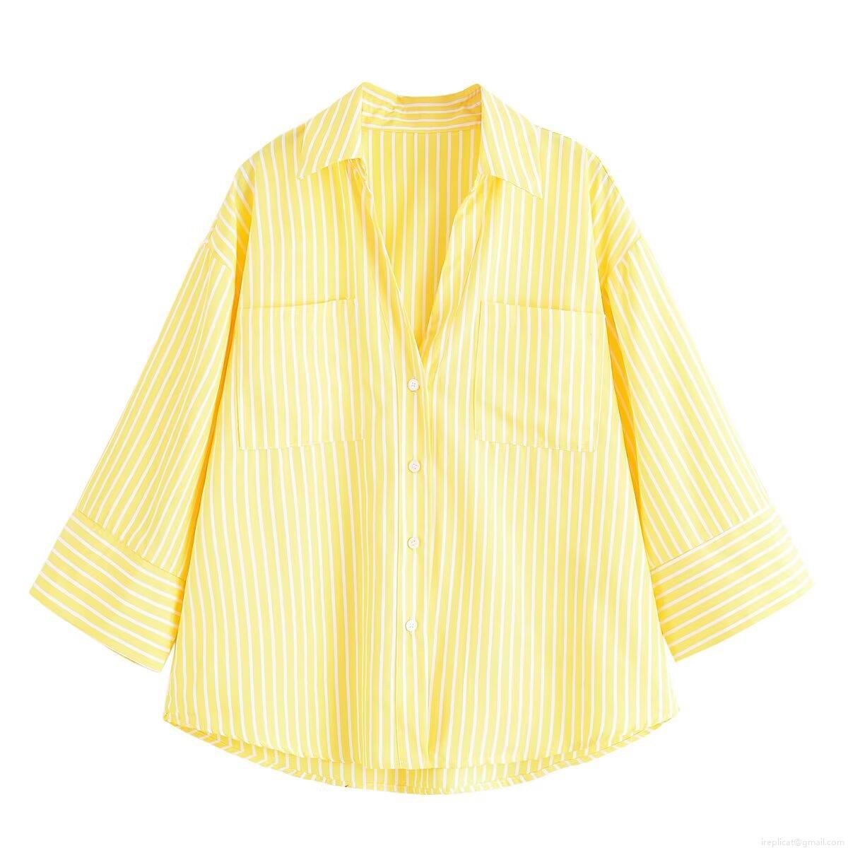Women's Striped Shirt Yellow White Vertical Stripes Long Sleeve Blouse With Patchwork Chest Pockets Casual Loose Fit Button Down Top For Fall Streetwear